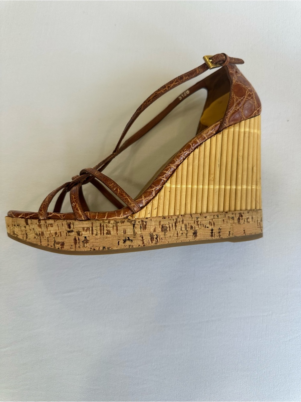 Prada Cognac Brown Genuine Crocodile Strappy Leather Wedge Sandals Size 39